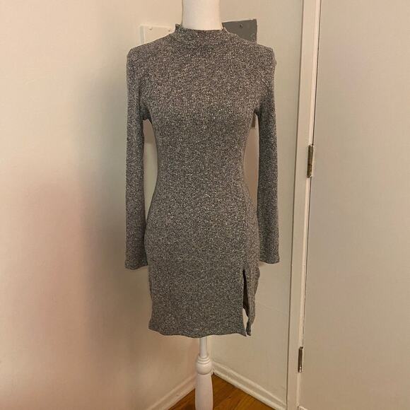 Better Be Marled Grey Knit Mock Neck Long Sleeve Split Front Bodycon Mini M - Picture 3 of 11